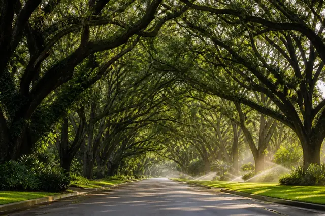 Mature live-oak canopy shading a quiet residential street in Plantation, Florida