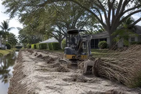 Mini excavator removing a declining ficus hedge from a fenced Plantation backyard property line
